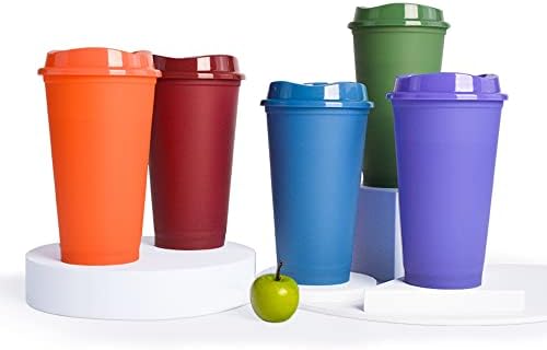 PARTSQUEEN 16 унции, 5 опаковки, които променят цвета Чаши - за Многократна употреба Пластмасови Чаши с капаци, Кафени