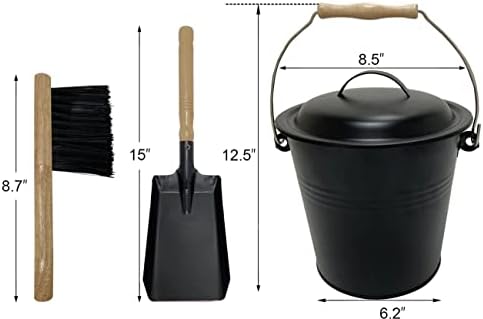 Черна Кофа за пепел с капак, включва в себе си една Лъжичка за отглеждане на огъня и Метла, Метална кофа за камина обем