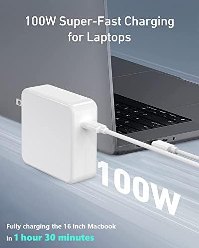 Зарядно устройство Mac Book Pro -Адаптер за захранване на зарядно устройство, USB C мощност 100 Вата, съвместим с MacBook Pro 16, 15, 13 инча, MacBook Air 13 инча, iPad Pro 2021/2020/2019/2018, със зарядно,