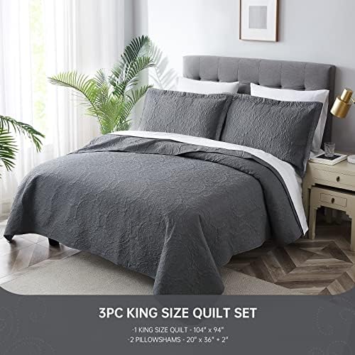 Комплект ватирани одеала Shanghan Home Grey, Комплект от 3 теми, Меко покривало за легло кралски размер за целия сезон,