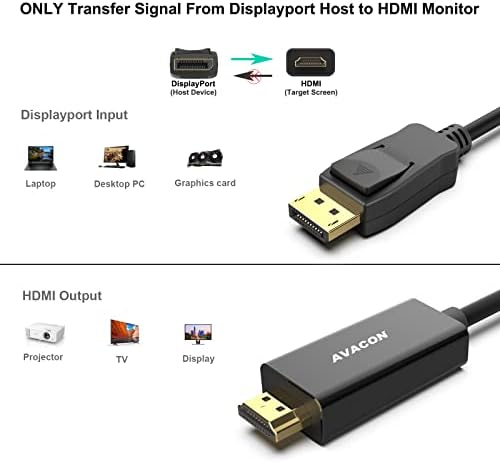 AVACON DisplayPort-HDMI 6 Фута Позлатен Кабел, 2 комплекта, Адаптер Displayport-HDMI мъж към мъж в Черен цвят