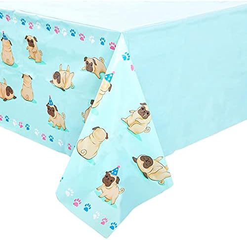 Покривка с пайети и шарките на мопс за парти по случай рождения ден на кучета (сини, 54 x 108 инча, 3 опаковки)