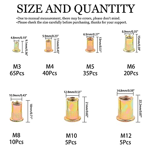 Гайка с Заклепкой, Комплект Метрични Заклепочных Гайки M3 M4 M5 M6 M8 M10 M12 От Поцинкована Въглеродна Стомана С Плоска Глава И Резба Вложка Nutsert Kit-180 бр.
