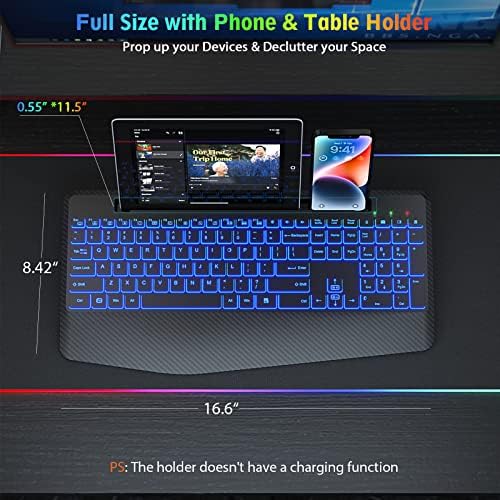 Безжична клавиатура SABLUTE с 7 Цветни подсветками, Поставка за китките, Компютърна подсветка 2,4 G с Държач за телефон, Акумулаторна пълен размер Ергономична клавиатур?