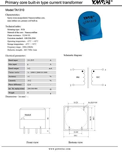 YHDC Transformador corriente de (Природен Bobina primaria Incorporado) TA1310-03 0-1.25 A/0-2.5 mA